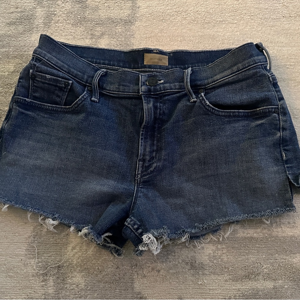 MOTHER The Teaser Slit Blue Jean Shorts with Frayed Hem